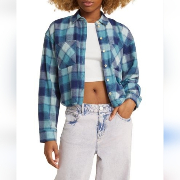 BP. Crop Flannel Button-Up Shirt in Blue Lucie Plaid NWOT - Picture 1 of 9